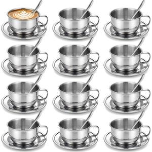 12 Pack Stainless Steel Coffee Cup Set, 6.8 oz Coffee Cups Mugs with Saucer and Spoon Double Wall Espresso Silver Cup with Handle for Cappuccino, Tea, Milk, Ideal Gift for Espresso Tea Lover, Coffee cup: about 3.54 x 1.97 inches