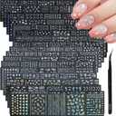 90 Sheets Silver Nail Art Stickers Holographic Laser Silver Nail Decals 3D Self Adhesive Nail Stickers for Nail Art Designs Star Line Flower Nails Supplies for Women Nail Decoration with Nail Tweezer (Style-b)