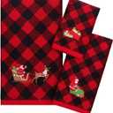 Shojoy 3 Pack Christmas Towels Set - 100% Cotton Large Size Christmas Theme Embroidery Bath, Hand & Facial Towels for Home Bathroom & Kitchen (Red and Black Plaid, 3 Sizes)