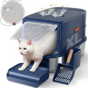Stainless Steel Cat Litter Box with Lid - 3 in 1 Enclosed Cat Litter Box XL Extra Large Odor Control Covered Metal Litter Pan for Big Multiple Cats Includes Step, Scoop, Cats Scratcher Mat