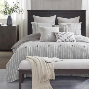 Madison Park Queen Comforter Set, Removable 100% Cotton Duvet Cover Queen Size with Insert, Farmhouse Bedding, Textured Stripe Clipped Jacquard Accent, Queen, Grey 8 Piece (Gray)