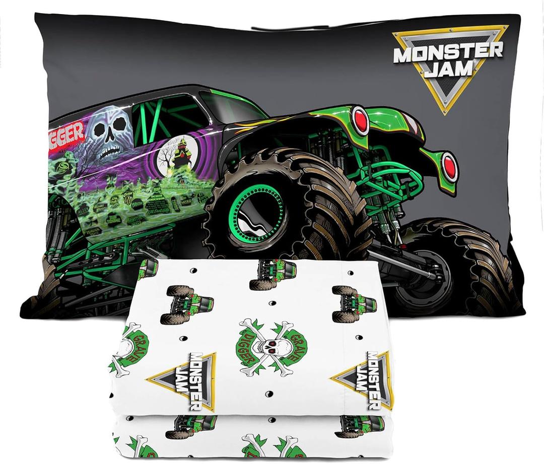 Sunny Side Up Monster Jam Grave Digger Twin Sheet Set - 3 Piece Kids Bedding Set Includes Pillow Cover - Super Soft Microfiber Sheets
