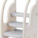 Toddler 3 Step Stool Onasti Kids Standing Tower for Toddlers Plastic Learning Helper Stool for Kitchen Counter Bathroom Sink Toilet Potty Training with Handles and Non-Slip Pads-Grey White (Gray)