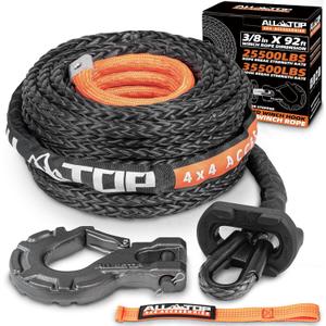 ALL-TOP Synthetic Winch Rope w/Hook & Isolator, 3/8in x 92ft, 25500Lbs UHMWPE Cable Replace Kit, Forged Hook & Rubber Stopper & Safety Pull Strap