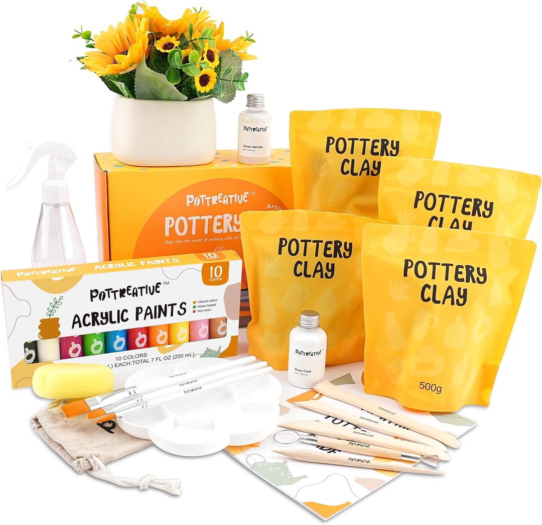 POTTREATIVE Air Dry Clay Pottery Kit - Home DIY Pottery Starter Kits with Air-Dry ClaySculpting Pottery Tools and Step-by-Step Guide - Great for Date Night, Arts Crafts Hobby (yellow)