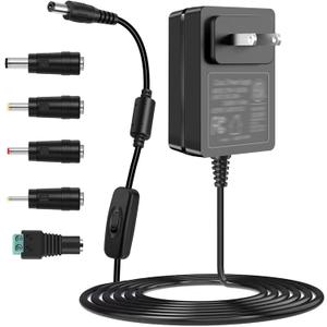 TKDY 12V 2A Power Supply Adapter with On/Off Switch & 5 Tips, 100-240V AC to DC 12 Volt 24W Converter, for LED Strip Light, CCTV Camera, Router, Speaker, LCD Monitor.