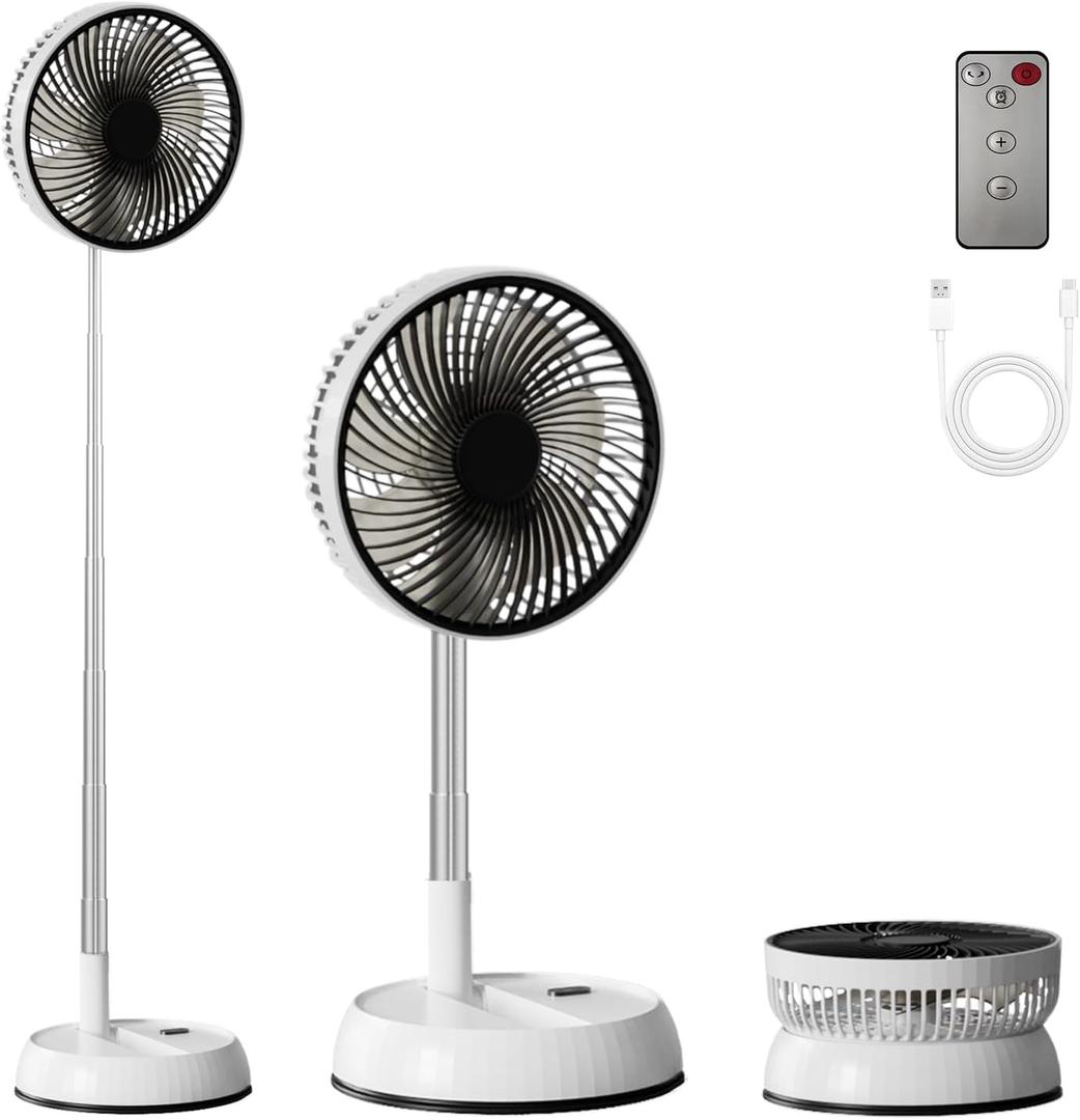 8" Foldable Travel Fan with Remote Control - Portable Standing Fan for Home, Office & Camping | 3-Speed 7200mAh Rechargeable Battery, Auto Oscillation, Ultra Quiet Desk/Pedestal Fan (White)