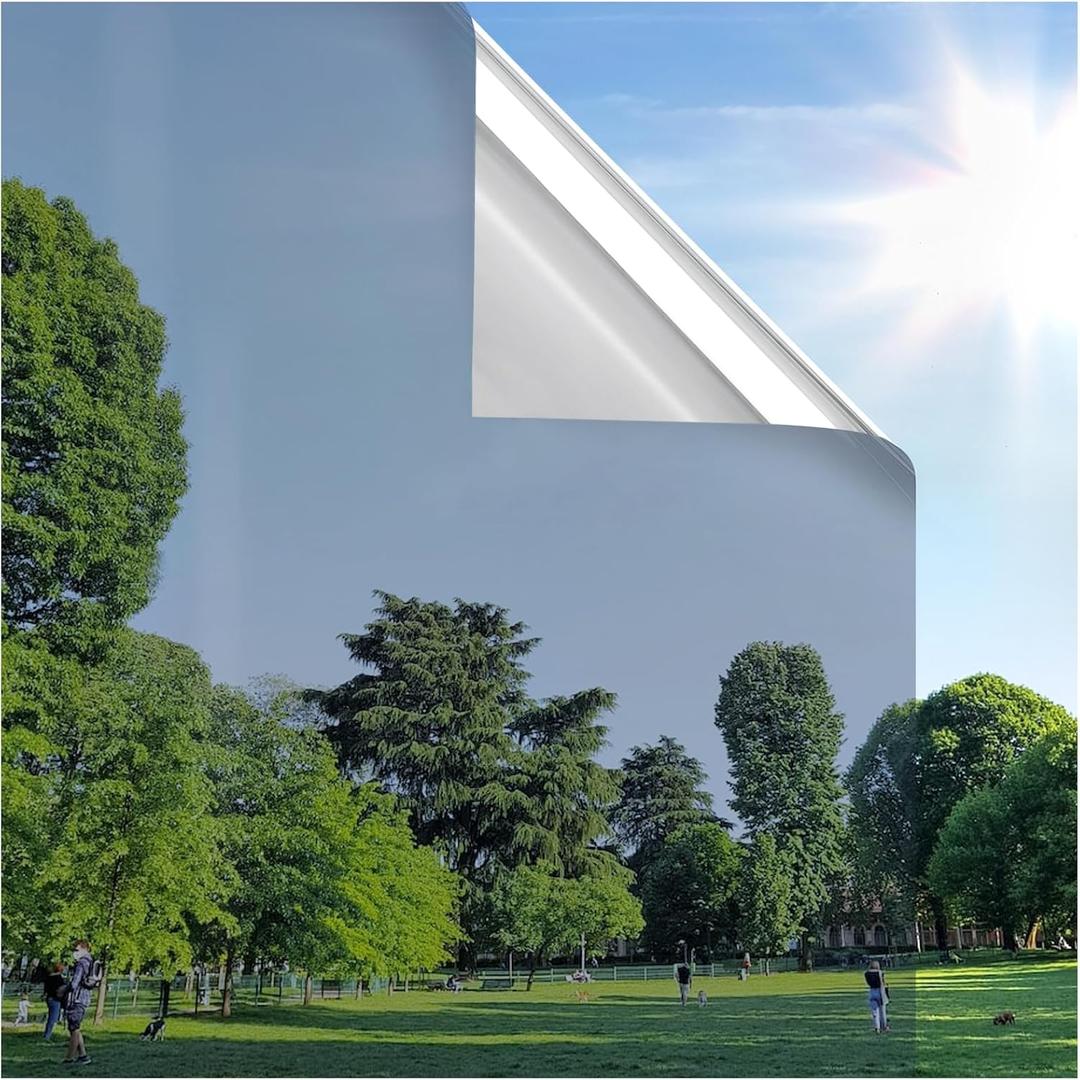 rabbitgoo Window Privacy Film One Way Window Tint for Home, Removable Reflective Heat Sun Blocking Anti UV Glass Door Covering, Mirror Tinting Film House Office, 29.5 in X 16.4 Feet, Silver, 29.5" X 196.8"
