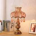 Antique Victorian Table Lamp Tiffany Style Floral Desk Light Fringe Fabric Lampshade Resin Base Romantic Beside Lamp for Bedroom Living Room Nightstand Office Study Home Decoration