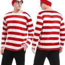 3 Pieces Men Halloween Costume Set, Adult Cosplay Costumes Red and White Striped Shirt with Hat and Nerd Glasses (Medium)