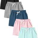 5 Pack Girls Cotton Athletic Shorts with Pockets and Elastic Drawstring Waist Summer Wear for Girls 4-14 Years