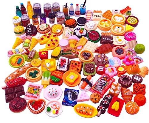 100pcs Miniature Food Drinks Bottle Toys Dollhouse Mixed Resin Accessories for Adults Kids Kitchen Accessories for Pretend Play (Hamburger, Pizza, Cake, Ice Cream, Bread)