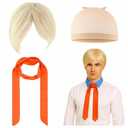 Jecery 3 Pcs Halloween Cosplay Costume Accessories Set Include Blonde Short Straight Wig Orange Square Scarf Mesh Wig Cap Net for Man Adult Dress up