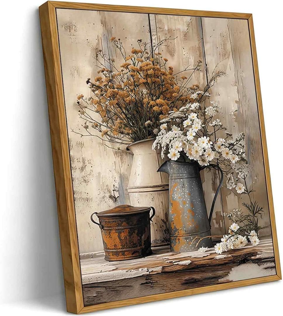 Rustic Farmhouse Bathroom Wall Art, Vintage Floral Canvas Print for Restroom Toilet, Distressed Metal Pitcher and Dried Flower Artwork, Neutral Country Style Home Decor for Living Room Bedroom 8x10 Inch Framed