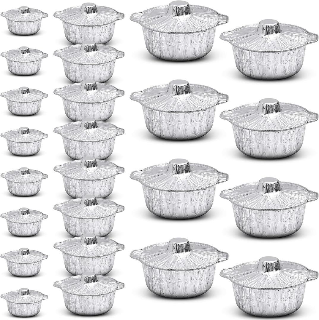  24 Pcs Disposable Aluminum Pot with Lid Round Foil Pans Disposable Cookware Food Container for Vacation Trips Camping Baking Heating Cooking (33.8,67.6,121.7 oz)
