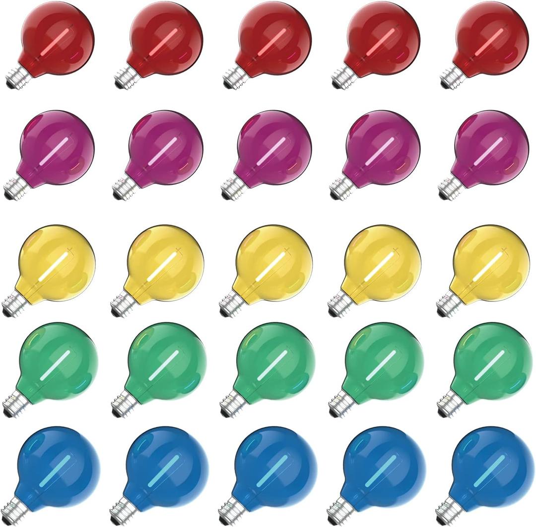 Meconard 25 Pack G40 Colored LED String Light Bulbs, E12/C7 Candelabra Base Shatterproof LED 1 Watt Globe Replacement Bulbs, Multi-Color: Red/Green/Blue/Orange/Purple