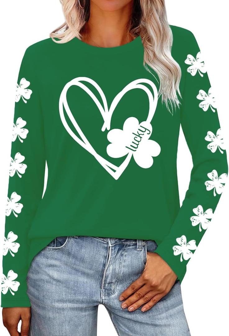 St Patricks Day Shirt Women Lucky Shamrock T-Shirt Saint Patricks Day Long Sleeves (Green, XL)