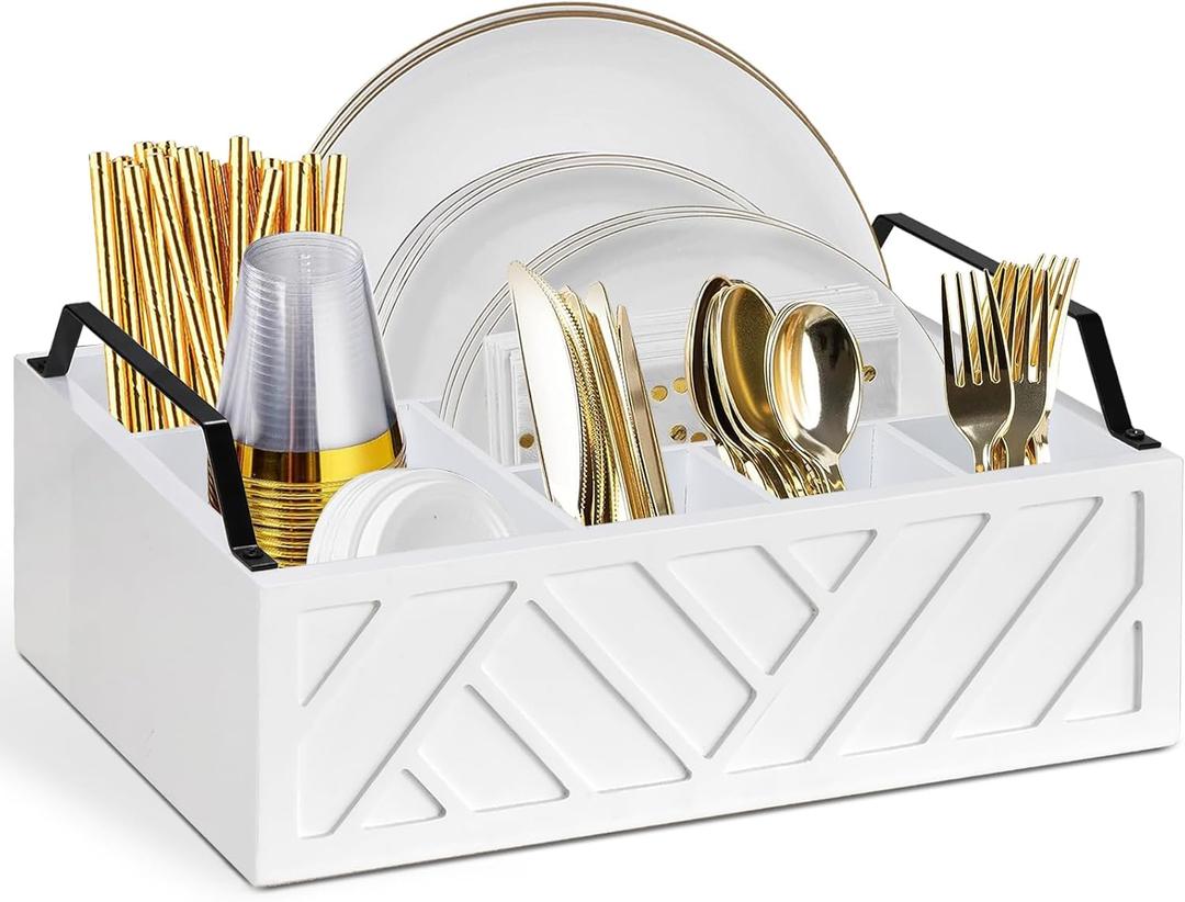 Ukonvi Paper Plate Dispenser and Holder for Kitchen Counter, Wood Rustic Silverware Utensil Caddy, Cutlery Flatware Organizer Box for Cups Spoons Forks Napkins, Kitchen Accessories, White-handle