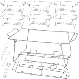 Geosar 32 Pack Wire Buffet Rack Stand Folding Chafing Stand Chrome Frame Serving Trays Food Warmer with Plastic Tongs Forks and Spoons for Christmas Thanksgiving Home Party Catering Supplies(Silver)