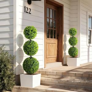 1 Pack  uv resistant Artificial Triple Ball Boxwood Topiary fake plants indoor outdoor realistic floor plants faux plastic plantas for home Garden Porch patio Entryway All-Weather corner office decor