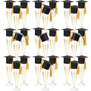 Funnymoom 24 Pack Plastic Champagne Flutes Set Disposable Glitter Glasses Mini Graduation Caps with Tassels 4.5 oz Clear Toasting Cups for Graduation Party Favor (Gold)