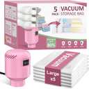 Vacuum Seal Bags for Clothing Travel, 5 Pack Space Saver Vacuum Storage Bags with Electric Pump,Portable Compression Sealer for Clothes, Blankets, Bedding & Travel Essentials,Good for Luggage Packing (Pink Large X5)