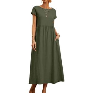 Baggy Crew Neck Dress for Women Summer Casual Comfy Cotton Short Sleeve Tunic Beach Maxi Dresses with Pockets (XX-Large, Long-dark Green)