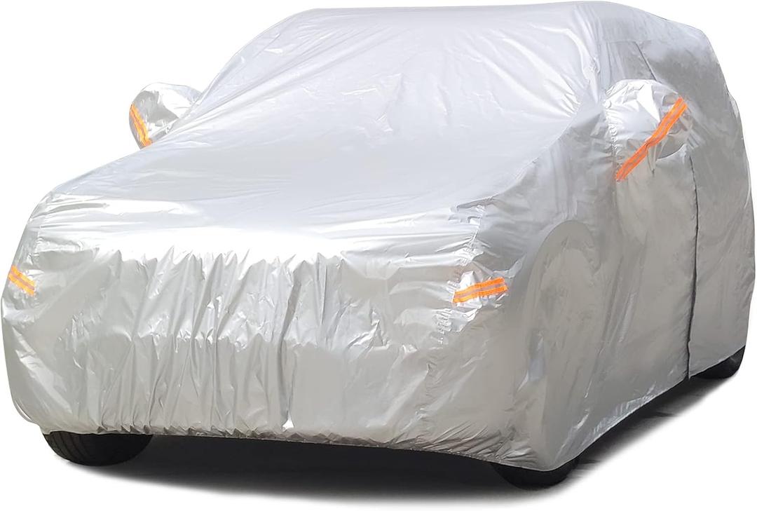 SEAZEN 2 Layers SUV Car Cover Waterproof All Weather, Outdoor Car Covers for Automobiles with Zipper Door, Hail UV Snow Wind Protection (Length Up to 190") (YL(Fit SUV-Length Up to 191"), Silver-2 Layers)