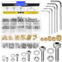 385Pcs M2 M2.5 M3 M4 M5 Brass Threaded Inserts with Stainless Steel Hex Socket Head Cap Screws Nuts Kit, Brass Heat Set Insert Knurled Nuts & Machine Screws Nuts for 3D Printing Components (Silver)