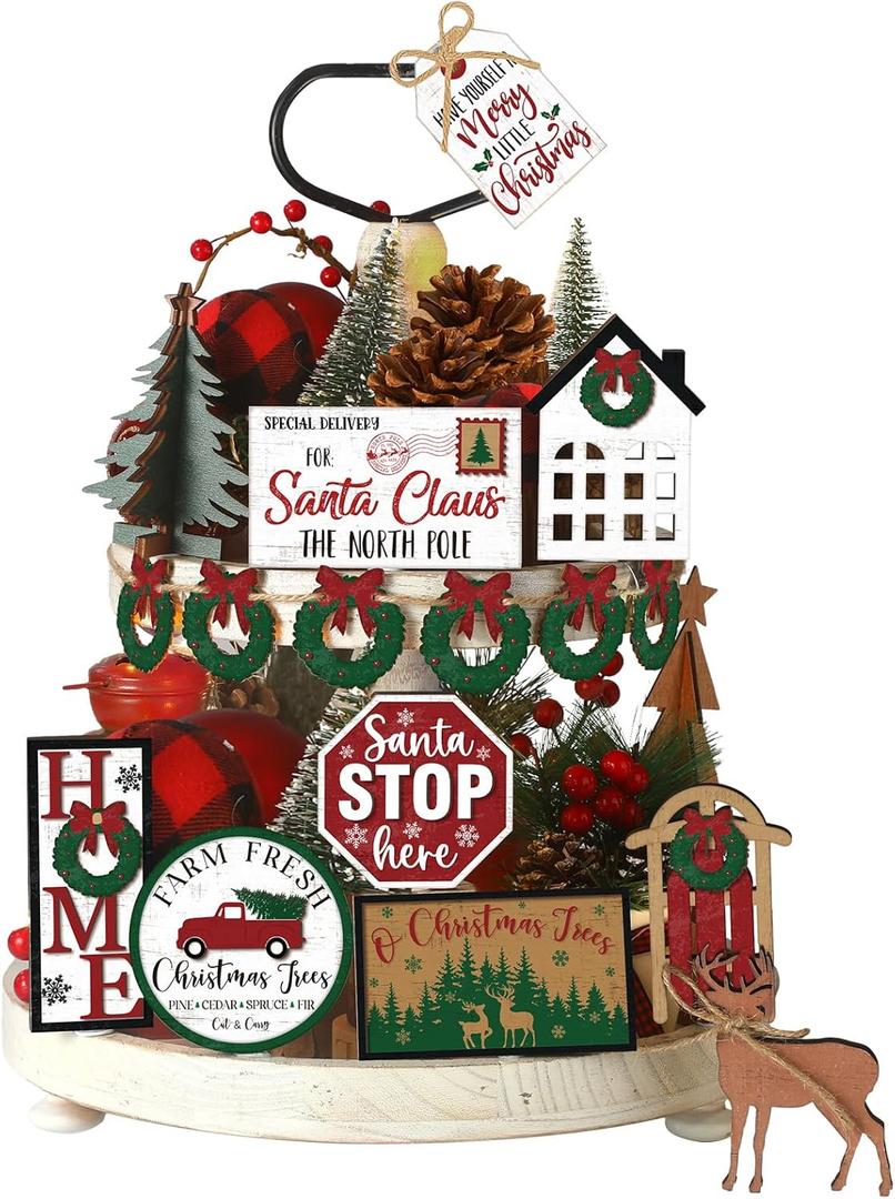 17 Pcs Christmas Tiered Tray Decor Set Winter Tiered Tray Decorations Truck Santa Wooden Sign Farmhouse Vintage Christmas Table Decor for Home Shelf Rustic Table Centerpiece