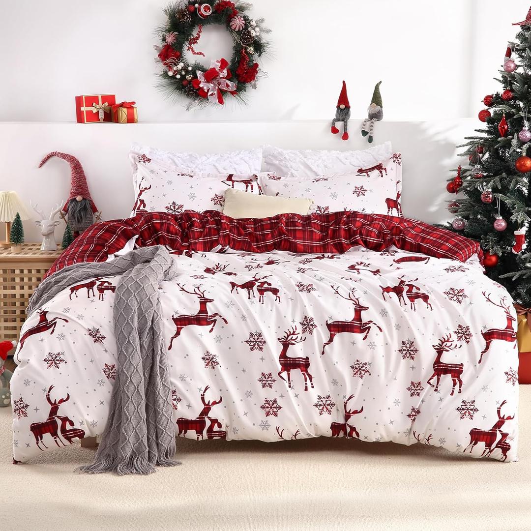 Christmas Duvet Cover Queen, Soft Brushed Microfiber Comforter Cover Sets, Reindeer Printed Holiday Theme Bedroom Decorative Bedding (Queen Size, Red Plaid Deer)