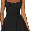 IWD Women's Square Neck Sleeveless Mini Dress Ruched Waist Tiered Ruffle Hem A Line Short Dresses (Black, S)