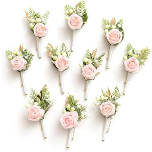 Ling's Moment Boutonniere for Men, 10pcs Groomsmen Guest Boutonniere, Artificial Flowers for Wedding Dcor/Prom/Homecoming, etc. Blush Pink