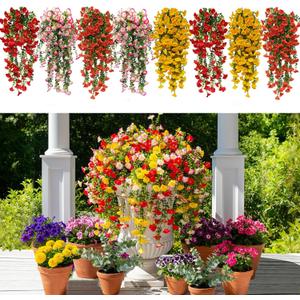 8 Pcs Artificial Hanging Flowers for Outdoors Fake Morning Glory for Home Decoration UV Resistant Mixed Color Greenery and Flowers for Porches Gardens Yard Decor (Warm Color)