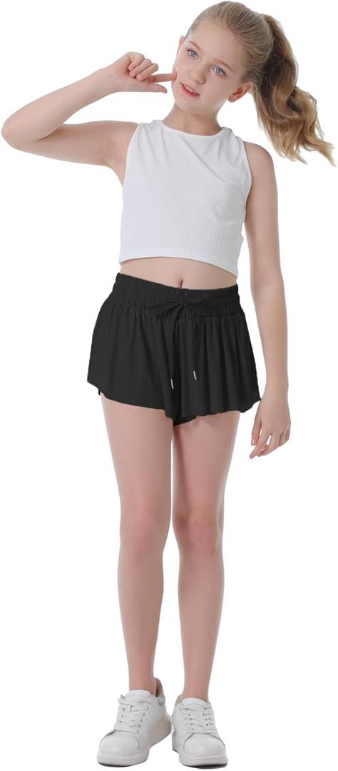 Flowy Shorts for Girls Butterfly Shorts for Kids Teens Preppy Tennis Running Athletic Shorts with Liner (10, Black)