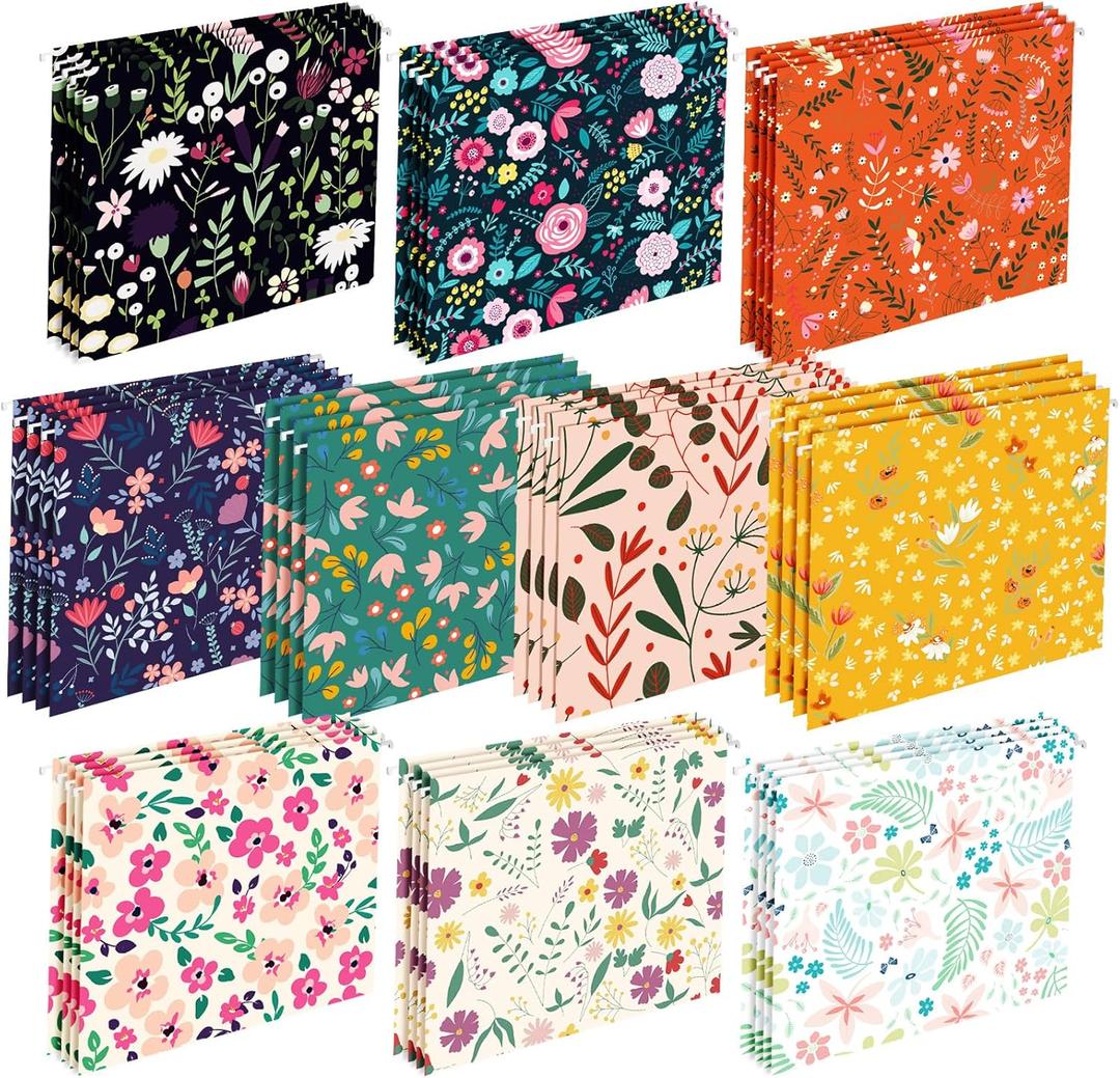 40 Pcs Decorative Hanging File Folders Letter Size Cute File Folders Designer Floral File Folders Colored File Folder Organizer for Filing Cabinet Office Home with 1/5 Cut Adjustable Tabs