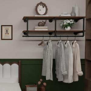 Clothes Rack 48in, Wall Mounted Garment Rack with Real Wood Shelf, Heavy Duty Hanging Clothes Rack, Multi-Purpose Hanging Rod, Space-Saving Closet Storage (2T48IN) Brown