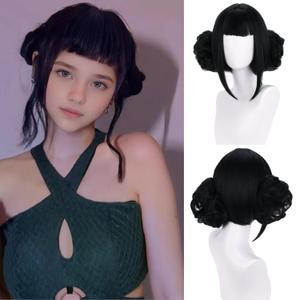 Short Black Wig with Buns for Women Short Black wig With Bangs Cartoon Movie Halloween Cosplay Costume Animie Wigs