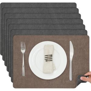 Myir JUN Placemats Dual Sided, Faux Leather Place Mats Set of 8 Indoor Placemat for Dining Table Non-Slip Washable Place Mat Heat Resistant Outdoor Table Mats (Set of 8, Gray Brown)
