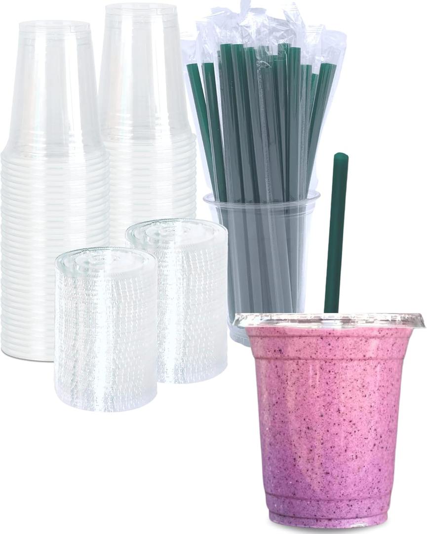 [50 SETS] 12 oz Clear Plastic Cups with Lids and STRAWS, Disposable Iced Coffee cups with Lids, Clear Cups with Lids for Cold Drinks, Iced Tea, Milkshakes, Smoothies