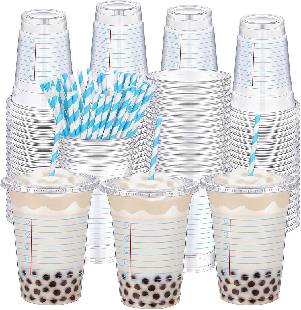Sliner 50 Pcs Back to School Classroom Plastic Cups Bulk with Straw 16 oz Disposable Notebook Plastic Cups Drinkware for Back to School Party Supplies Favor