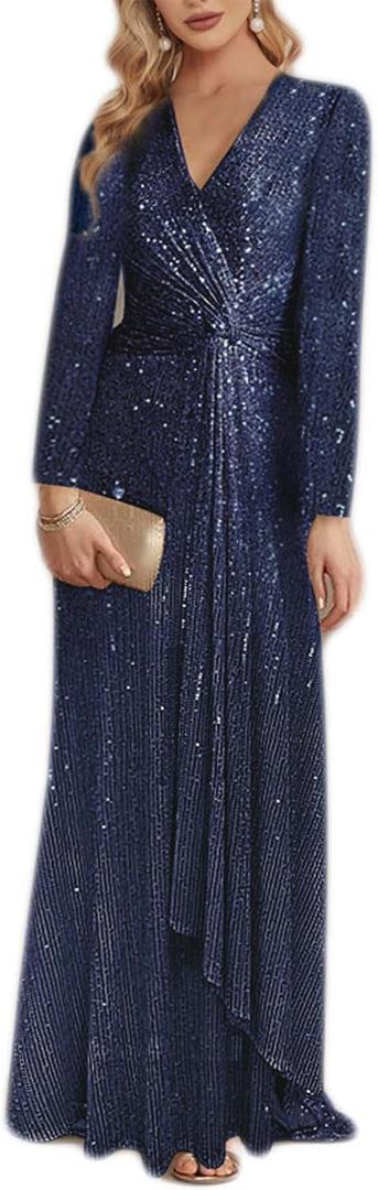 meilun Long Sleeve Sequin Dress for Women Formal Gowns Sparkly V Neck Maxi Dress (Blue, L)