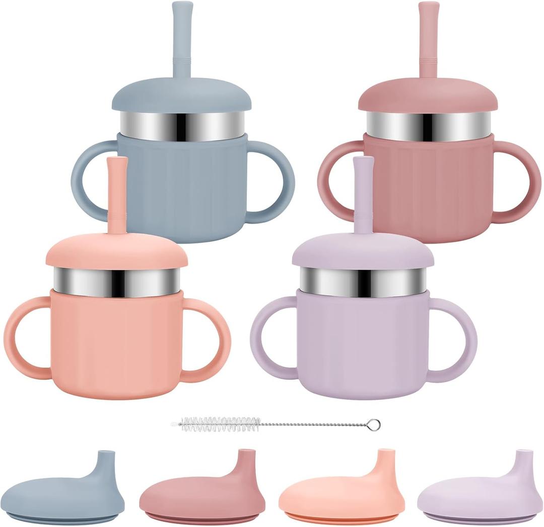 Baby Sippy Cups, 7.4 Oz Sippy Cups, 3 Stages Training Cup, Straw Cup for Infants Toddlers 6-12 Month and Kids 1-3 Year, Stainless Steel Kid Cups with Silicone Straws, 4 Colors B (Coral+Blue+Pink+Purple)