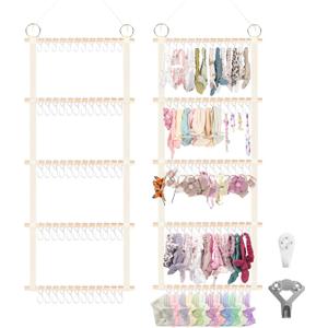 Munzong Headband Holder 52x17 inch, Beige Bow Organizer for Baby Girls, Extra Large Nursery Wall Hanging Clip Storage w/ 60 Hooks, Hair Accessories Organizer Rack Shelf for Toddler Kids Room Decor