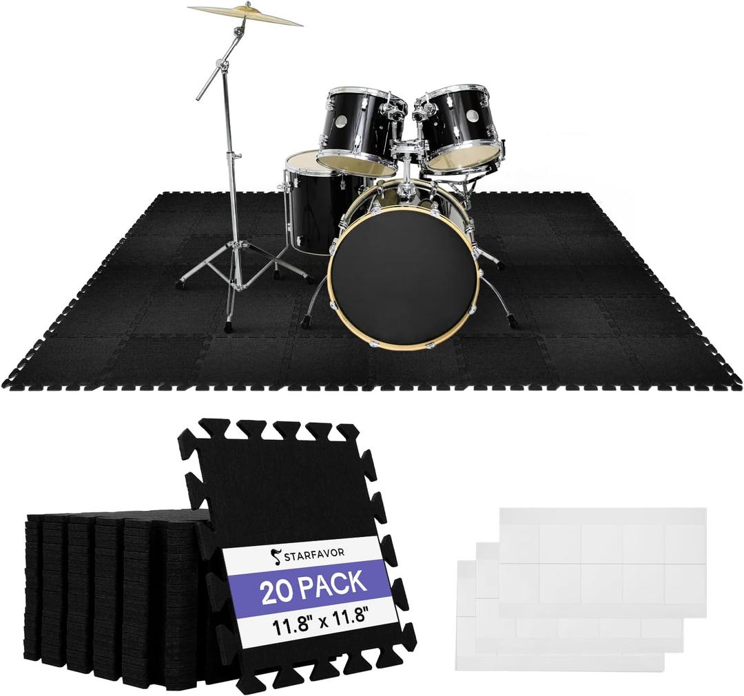 Starfavor Sound Absorbing Interlocking Floor Mats 20 Pcs, 11.8" x 11.8" Soundproof Rug Pad Non-Slip Anti-Vibration Acoustic Pads Piano Carpet Drum Rug (44.3''55.1'')