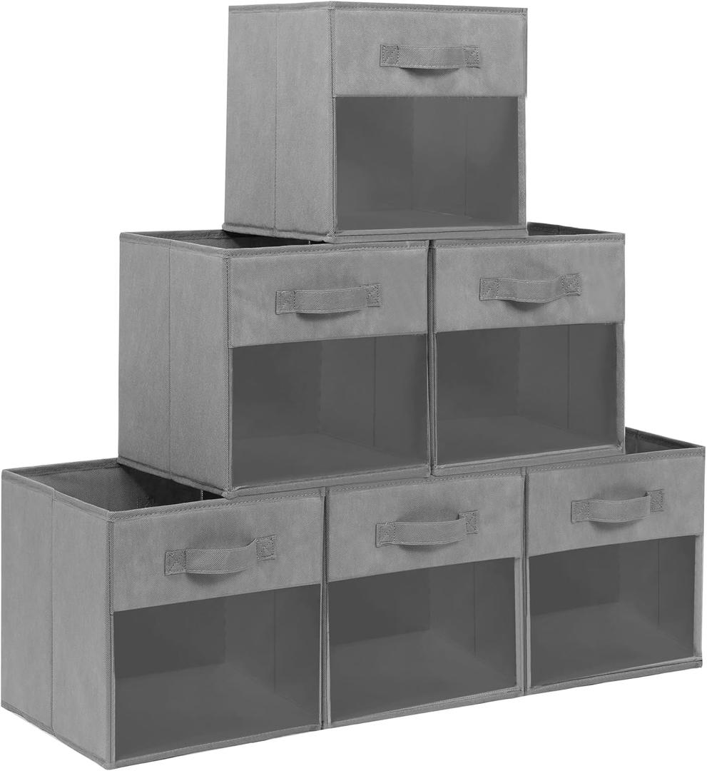 13x13 Large Storage Bins with Clear Window, Set of 6 Storage Cubes, Collapsible Cube Storage Bins, Fabric Closet Organizers with Handles for Home, Office, Closet Shelf Cabinet, Bookcase, Grey