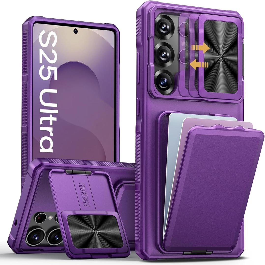 SSLOTSCASE for Samsung Galaxy S25 Ultra Case with Card Holder & Lens Cover & Hidden Kickstand, Silicone Edge Durable Protective Wallet Phone Case Cover for Galaxy S25 Ultra 6.9'', Dark Purple