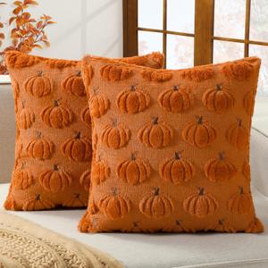 Softalker Fall Decorative Throw Pillow Covers 18 x 18 Inch Set of 2, Thanksgiving Autumn Harvest Faux Fur Cushion Covers, 3D Embroidered Pillow Cases for Couch Bedroom Living Room Decor, Rust