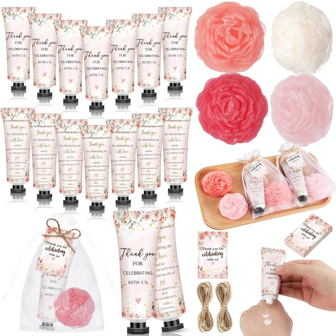 50 Pcs/25 Sets Floral Baby Shower Favors for Guests Hand Creams Rose Flower Shaped Soaps Bridal Shower Gifts Bulk with Organza Bags and Thanks Tags for Birthday Bridal Wedding Gender Reveal
