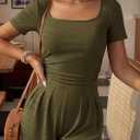 PRETTYGARDEN Summer Rompers For Women 2026 Short Sleeve Shirt Knit Shorts One Piece Jumpsuit Casual Beach Vacation Clothes (Green, M)